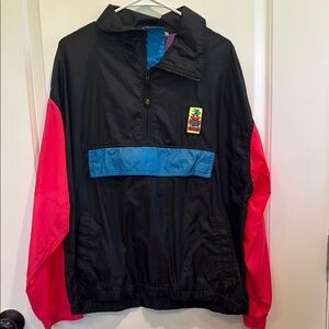 Vintage Ocean Pacific Windbreaker Jacket Black w/ Blue and Pink Accents Size M/L